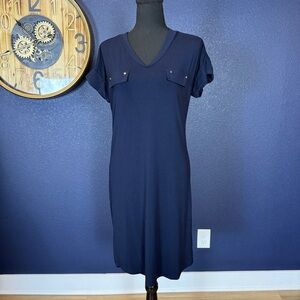 Tahari Navy V-neck T-shirt Dress with Rolled Short Sleeves | Size XS